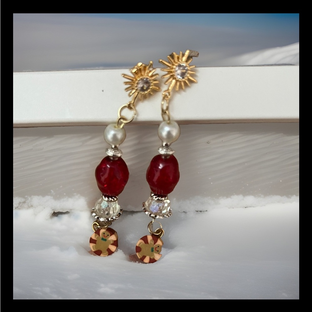 Handmade Christmas Gingerbread Man Drop Dangle Earrings Holiday Jewelry